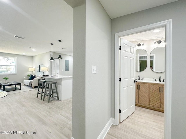 interior space featuring electric panel, visible vents, baseboards, wood finished floors, and vanity