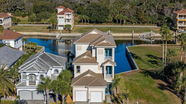 aerial view featuring a water view