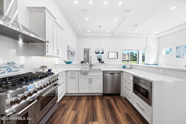 kitchen featuring a sink, a tray ceiling, a peninsula, appliances with stainless steel finishes, and wall chimney exhaust hood