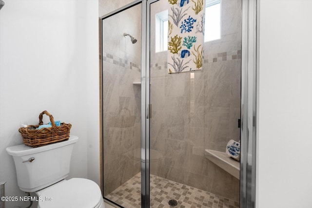 bathroom featuring a stall shower and toilet