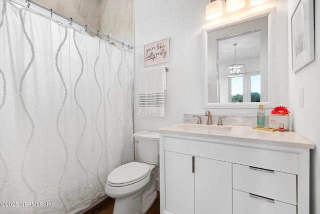 bathroom featuring toilet, vanity, and a shower with curtain