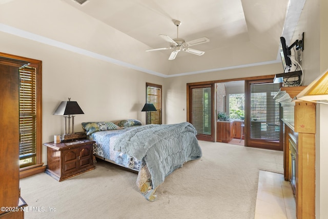 24620 Deer Trace Dr, Ponte Vedra Beach, FL 32082 - bedroom featuring a raised ceiling, access to outside, a ceiling fan, and light carpet