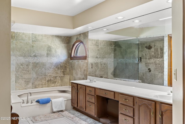 24620 Deer Trace Dr, Ponte Vedra Beach, FL 32082 - full bathroom featuring a sink, a tile shower, double vanity, and tile patterned flooring
