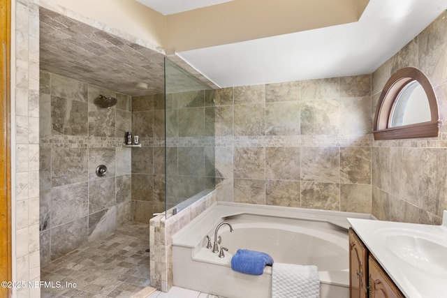 24620 Deer Trace Dr, Ponte Vedra Beach, FL 32082 - bathroom featuring a walk in shower, vanity, and a garden tub