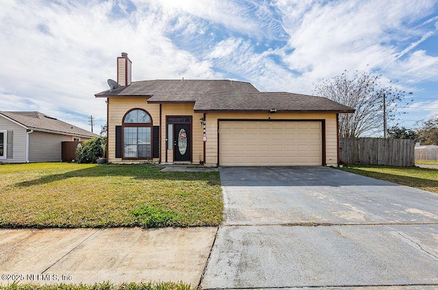 ranch-style house with a front lawn, fence, concrete driveway, a chimney, and an attached garage