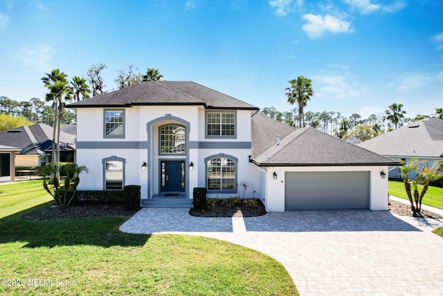 view of front of house featuring stucco siding, decorative driveway, roof with shingles, a front yard, and a garage