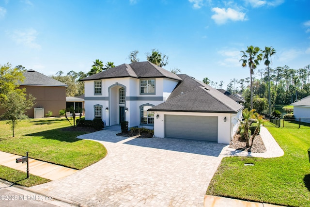 view of front of home featuring stucco siding, a garage, a front yard, and fence