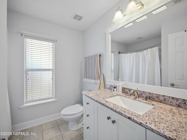 bathroom featuring vanity, visible vents, baseboards, tile patterned flooring, and toilet