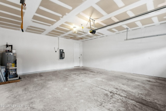 garage with water heater, electric panel, and a garage door opener