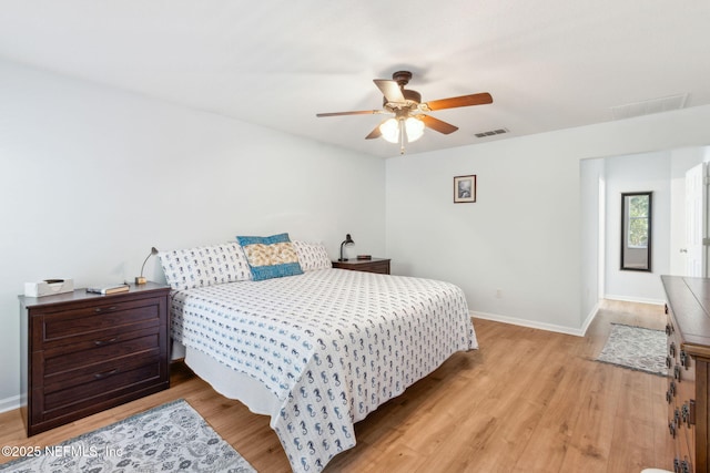 bedroom featuring baseboards, visible vents, and light wood-style floors