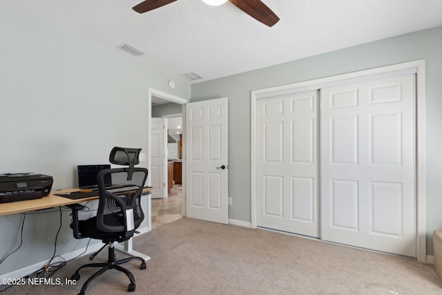17524 Eagle Bend Blvd, Jacksonville, FL 32226 - office featuring baseboards, a ceiling fan, visible vents, and light colored carpet