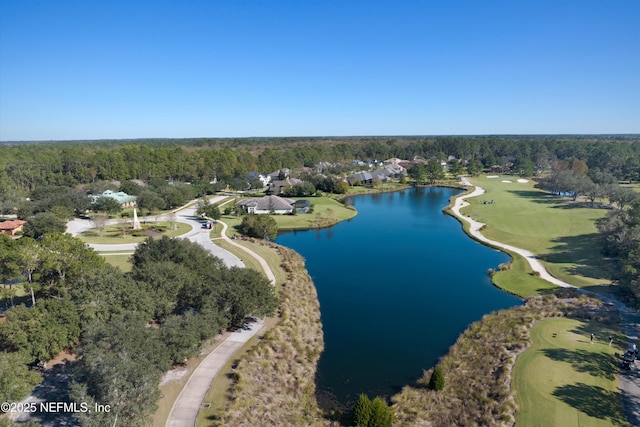 aerial view featuring a water view and a view of trees