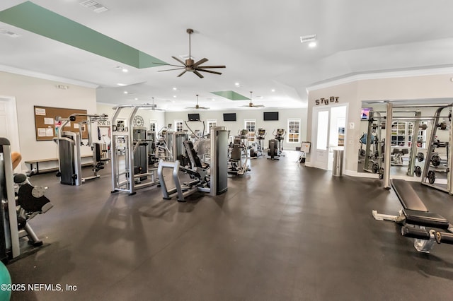 exercise room featuring ornamental molding, recessed lighting, visible vents, and lofted ceiling