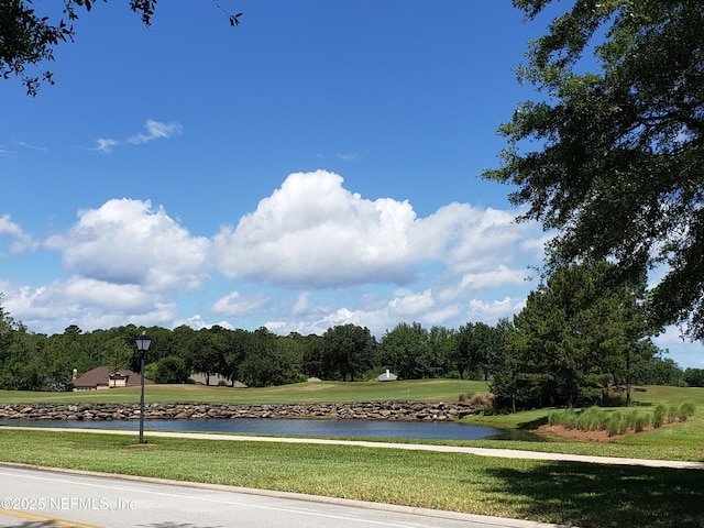 view of property's community with a water view and a lawn