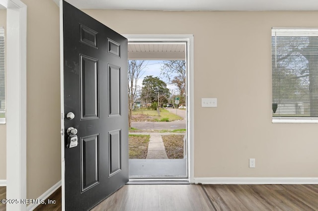 entrance foyer with baseboards and wood finished floors