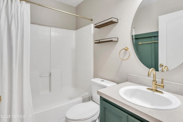 bathroom featuring toilet, vanity, and shower / bath combination with curtain