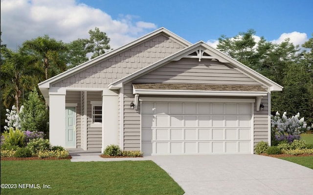 view of front of home featuring a garage, concrete driveway, and a front yard