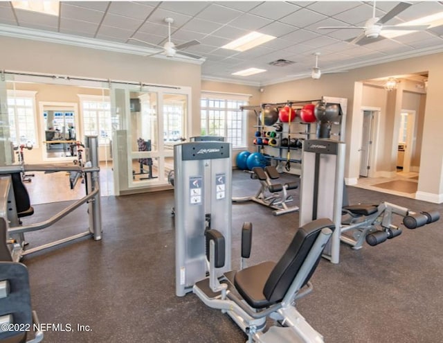 exercise room with ceiling fan, baseboards, and crown molding