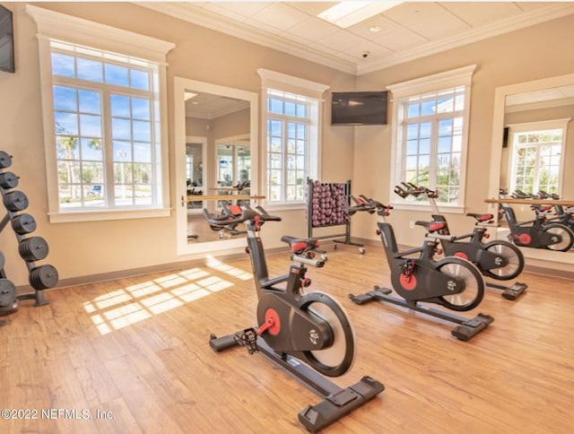 exercise room with plenty of natural light, crown molding, baseboards, and wood finished floors