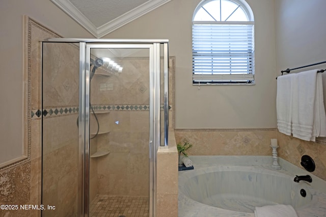 bathroom with plenty of natural light, crown molding, a shower stall, and a bath