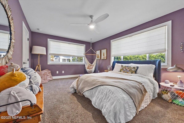 bedroom featuring baseboards, carpet, and a ceiling fan