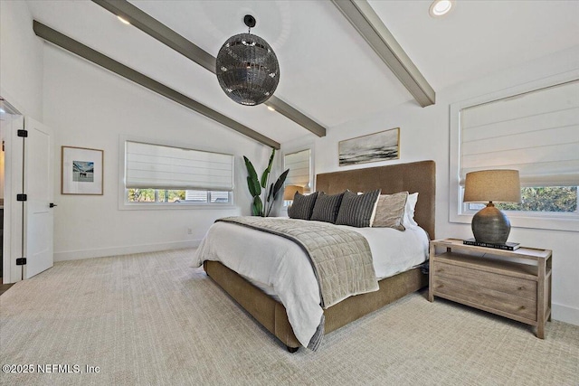 bedroom featuring recessed lighting, lofted ceiling with beams, baseboards, and carpet floors