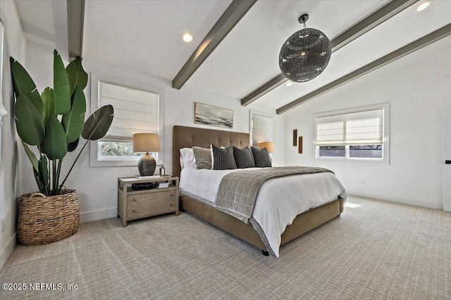 bedroom with recessed lighting, baseboards, carpet, and vaulted ceiling with beams