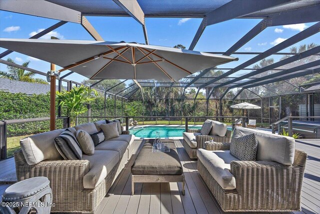 wooden deck featuring an outdoor pool, glass enclosure, and an outdoor hangout area