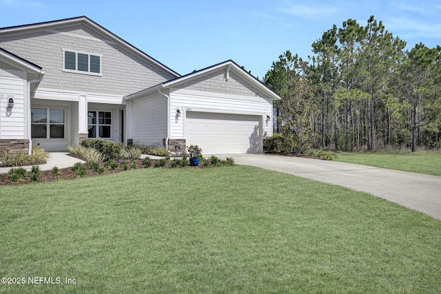 craftsman-style house featuring a garage, stone siding, concrete driveway, and a front yard