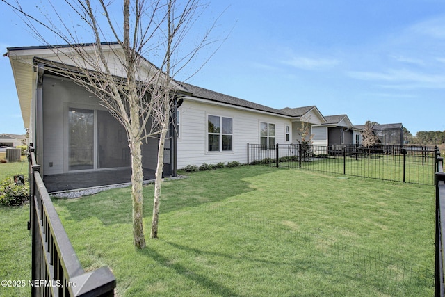 exterior space with central air condition unit and a fenced backyard