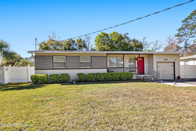 ranch-style house featuring an attached garage, crawl space, fence, a front yard, and brick siding