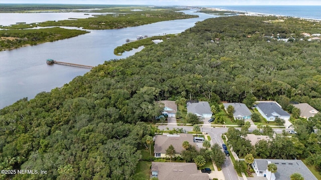 bird's eye view with a water view and a view of trees