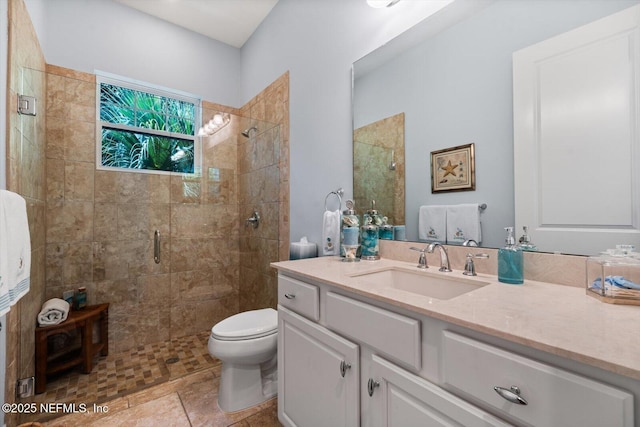 bathroom featuring vanity, a shower stall, and toilet