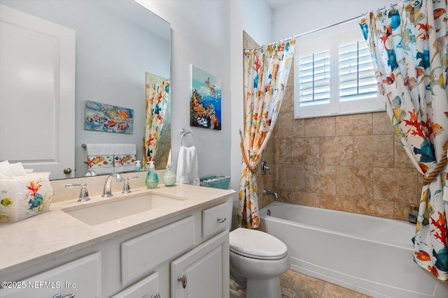 full bath with toilet, shower / bath combo with shower curtain, and vanity