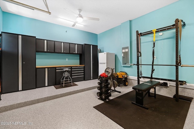 exercise area with ceiling fan and electric panel