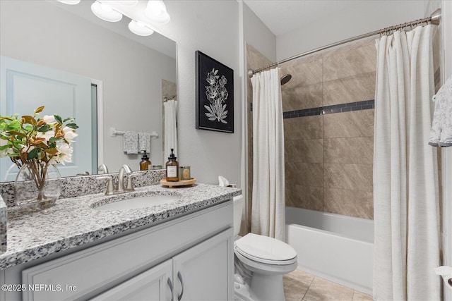 bathroom with vanity, shower / bathtub combination with curtain, toilet, and tile patterned floors