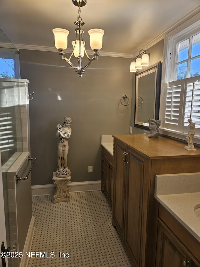 full bathroom with vanity, crown molding, baseboards, and a chandelier