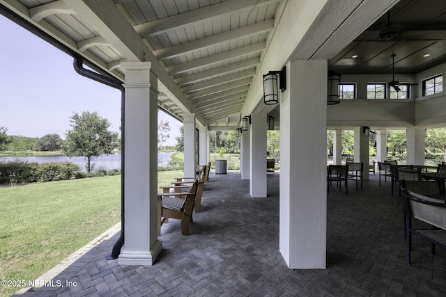 view of patio / terrace with outdoor dining area and a water view