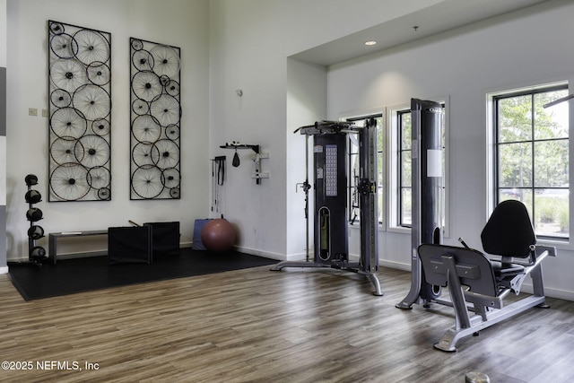 exercise room with recessed lighting, baseboards, and wood finished floors