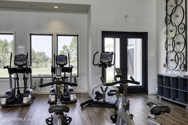 workout area with dark wood-type flooring, french doors, and baseboards