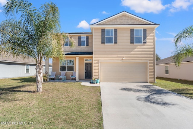 traditional home with driveway, a front lawn, and an attached garage