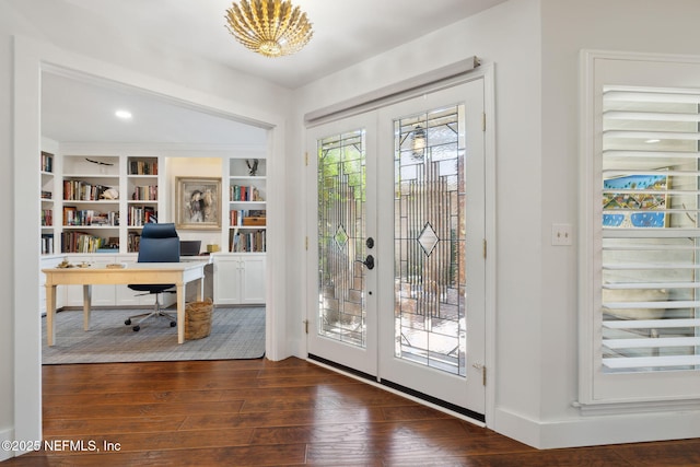22 Walkers Ridge Dr, Ponte Vedra Beach, FL 32082 - entryway with hardwood / wood-style flooring, an office area, a chandelier, and built in shelves