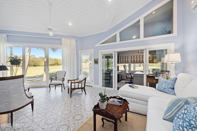 22 Walkers Ridge Dr, Ponte Vedra Beach, FL 32082 - living room with recessed lighting, ceiling fan, high vaulted ceiling, and an AC wall unit