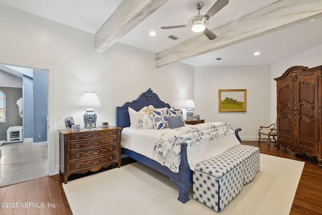 22 Walkers Ridge Dr, Ponte Vedra Beach, FL 32082 - bedroom with beam ceiling, wood finished floors, recessed lighting, ceiling fan, and heating unit