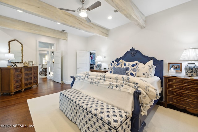 22 Walkers Ridge Dr, Ponte Vedra Beach, FL 32082 - bedroom with beam ceiling, wood finished floors, recessed lighting, a walk in closet, and ceiling fan