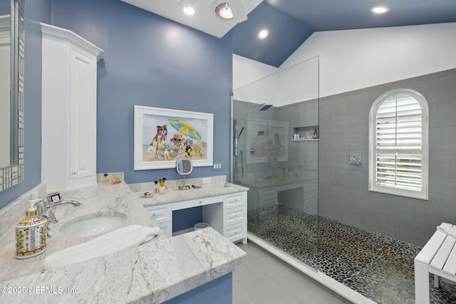 22 Walkers Ridge Dr, Ponte Vedra Beach, FL 32082 - full bathroom featuring walk in shower, vanity, and vaulted ceiling