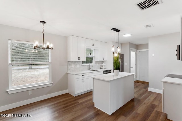 kitchen featuring visible vents, decorative backsplash, dark wood-style flooring, white cabinetry, and a sink