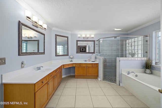 full bath with a stall shower, a wealth of natural light, a sink, and double vanity