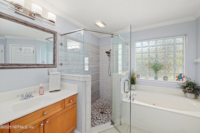 full bath with a stall shower, crown molding, and a bath