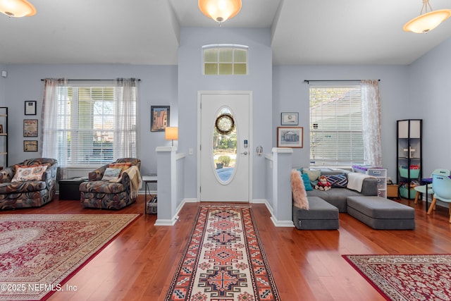 entryway with a healthy amount of sunlight, baseboards, and wood-type flooring